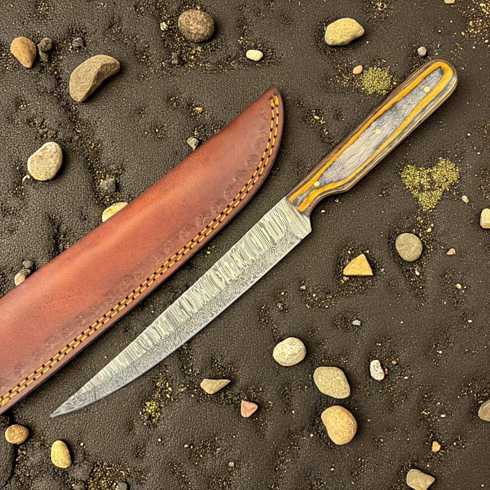 12" Custom Handmade Damascus Fillet Knife with Wood Handle for Kitchen W/Sheath