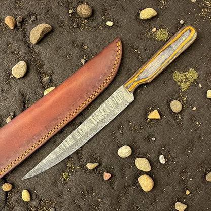 12" Custom Handmade Damascus Fillet Knife with Wood Handle for Kitchen W/Sheath