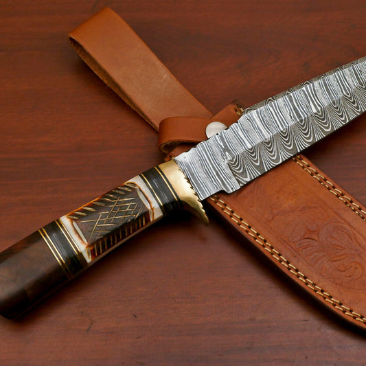 12" Custom Handmade Damascus Steel Bowie Hunting Knife | Camel Bone & Rosewood Handle