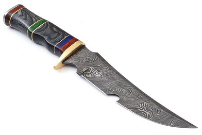 12" Custom Handmade Damascus Steel Bowie Hunting Knife with Brass Work & Leather Sheath