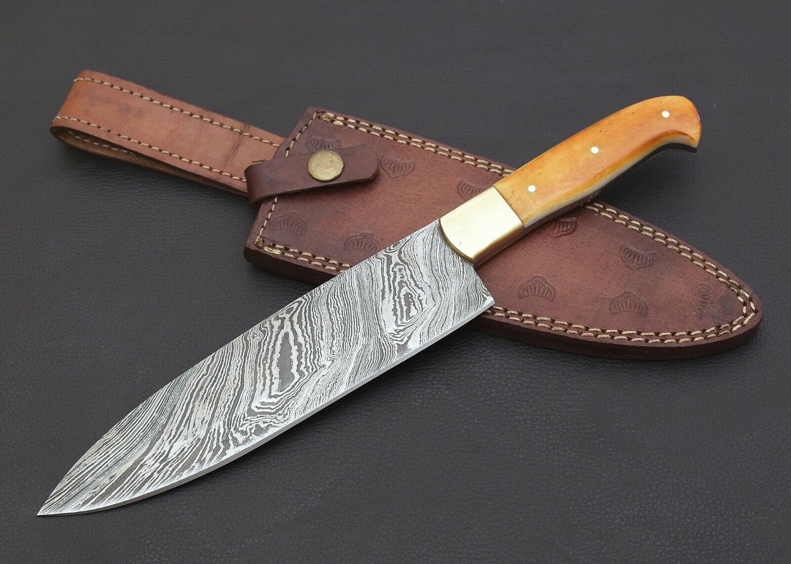 12" Custom Handmade Damascus Steel Chef Knife – Fired Camel Bone Handle with Brass Bolster & Sheath