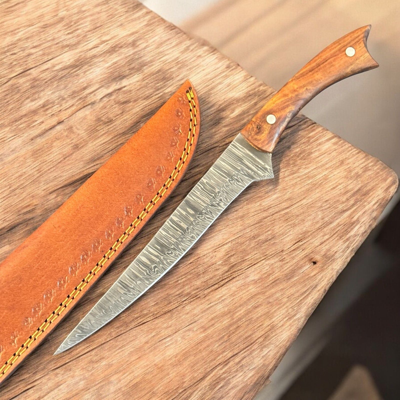 12" Custom Handmade Damascus Steel Fillet Knife with Wood Handle for Kitchen