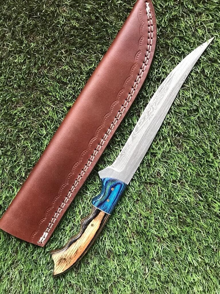 12" Custom Handmade Damascus Steel Fillet and Chef Knifewith Leather Sheath Damascus Chef Knife