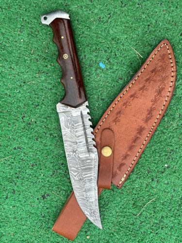 12" Custom Handmade Damascus Steel Tracker Knife – Tactical Hunting Survival with Leather Sheath