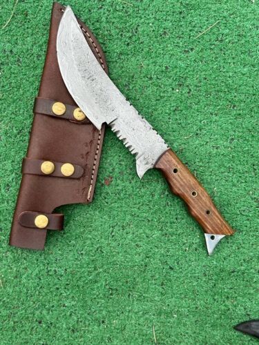 12" Custom Handmade Damascus Tracker Knife – Full Tang Hunting & Survival Blade with Fire Pattern Design