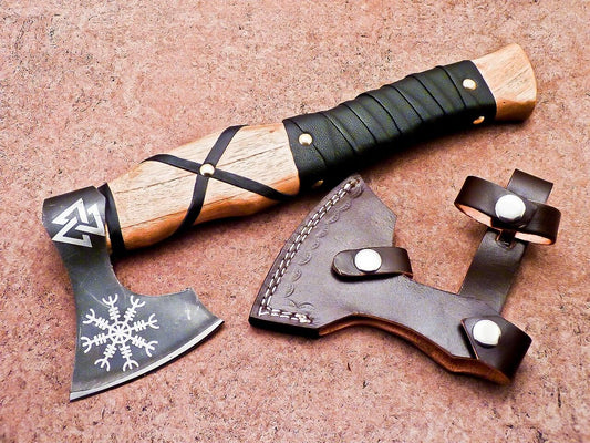 12” Custom Handmade Steel Axe Viking Axe with Natural Wood Handle & Leather Sheath