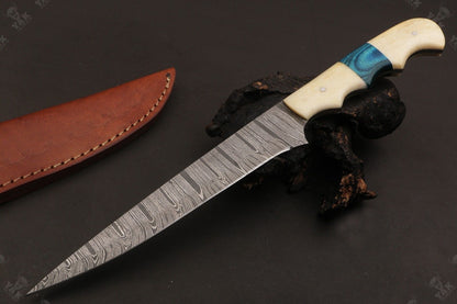 12" Custom Handmade Twist Damascus Fillet Knife Damascus Steel Fillet Knife W/Sheath