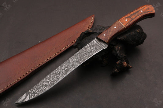 12" Custom Handmade Twist Damascus Steel Fillet Knife &amp; Damascus Fillet Knife W/Sheath