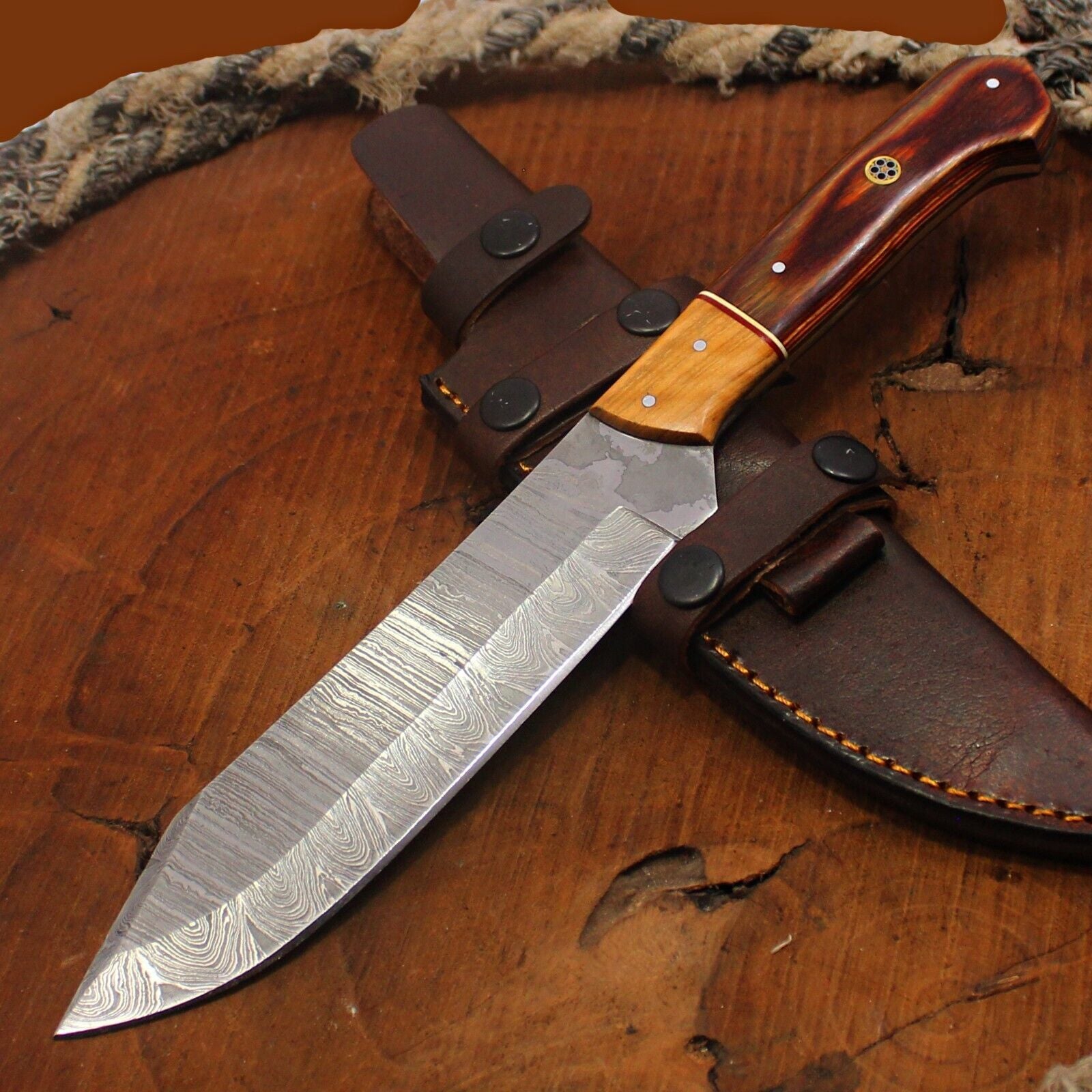 12" Custom Twist Damascus Steel Bowie Knife – Bone Handle with Leather Sheath