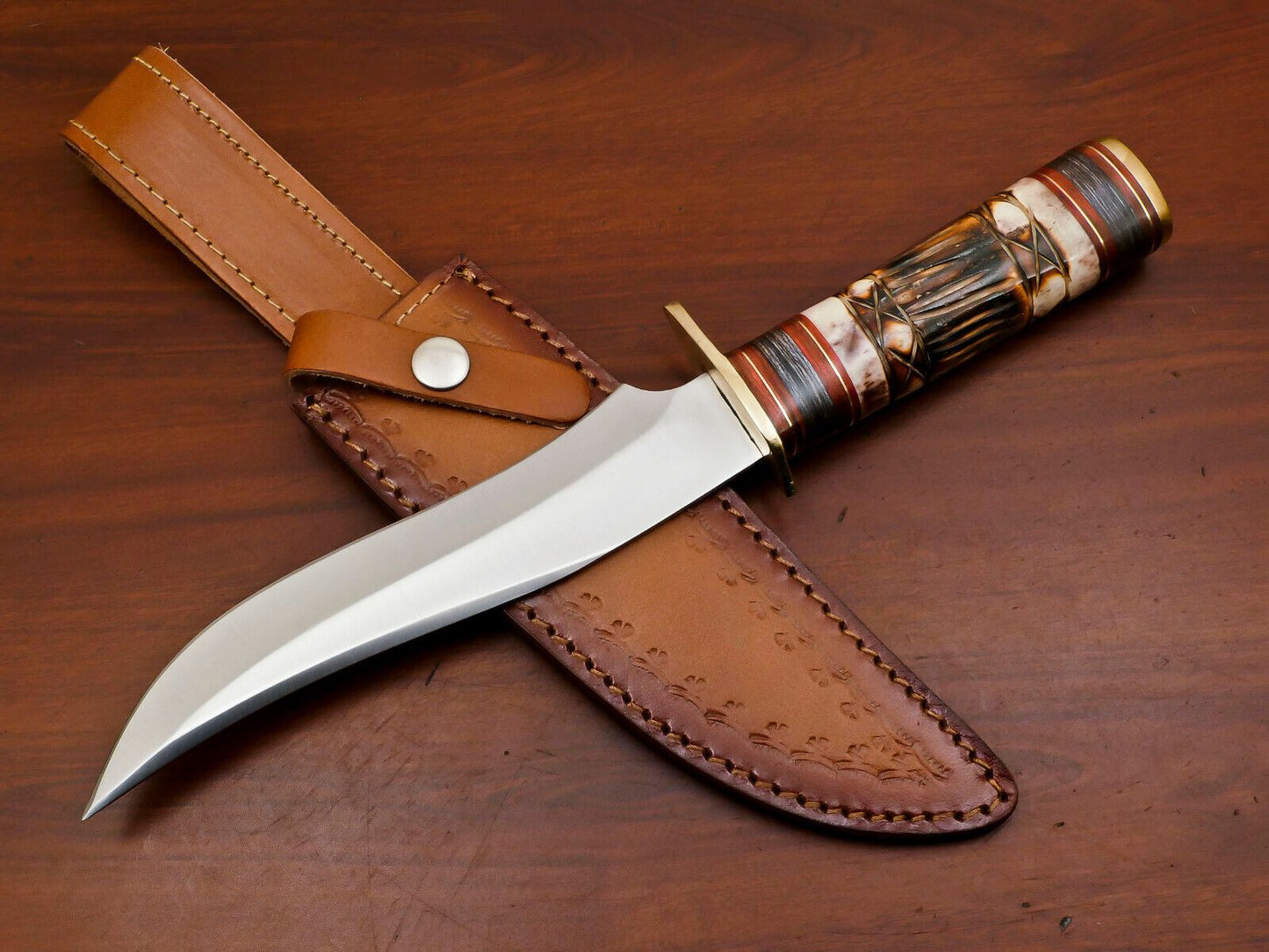 12" D2 Steel Clip Point Full Tang Bowie Knife With Bone Handle Hunting Knife