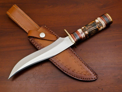 12" D2 Steel Clip Point Full Tang Bowie Knife With Bone Handle Hunting Knife