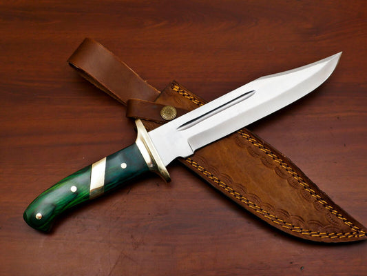 12" D2 Steel Full Tang Bowie Knife with Brass Guard and Wood Handle 