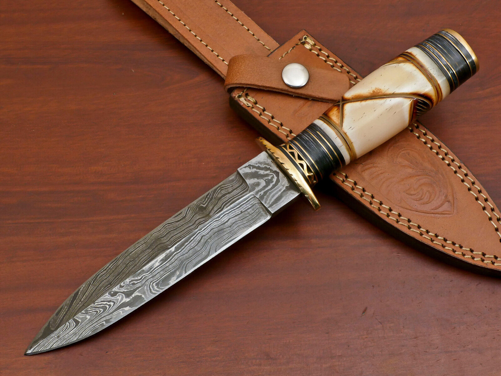 12" Damascus Art Dagger Hunting Bowie Knife – Burn Camel Bone Handle