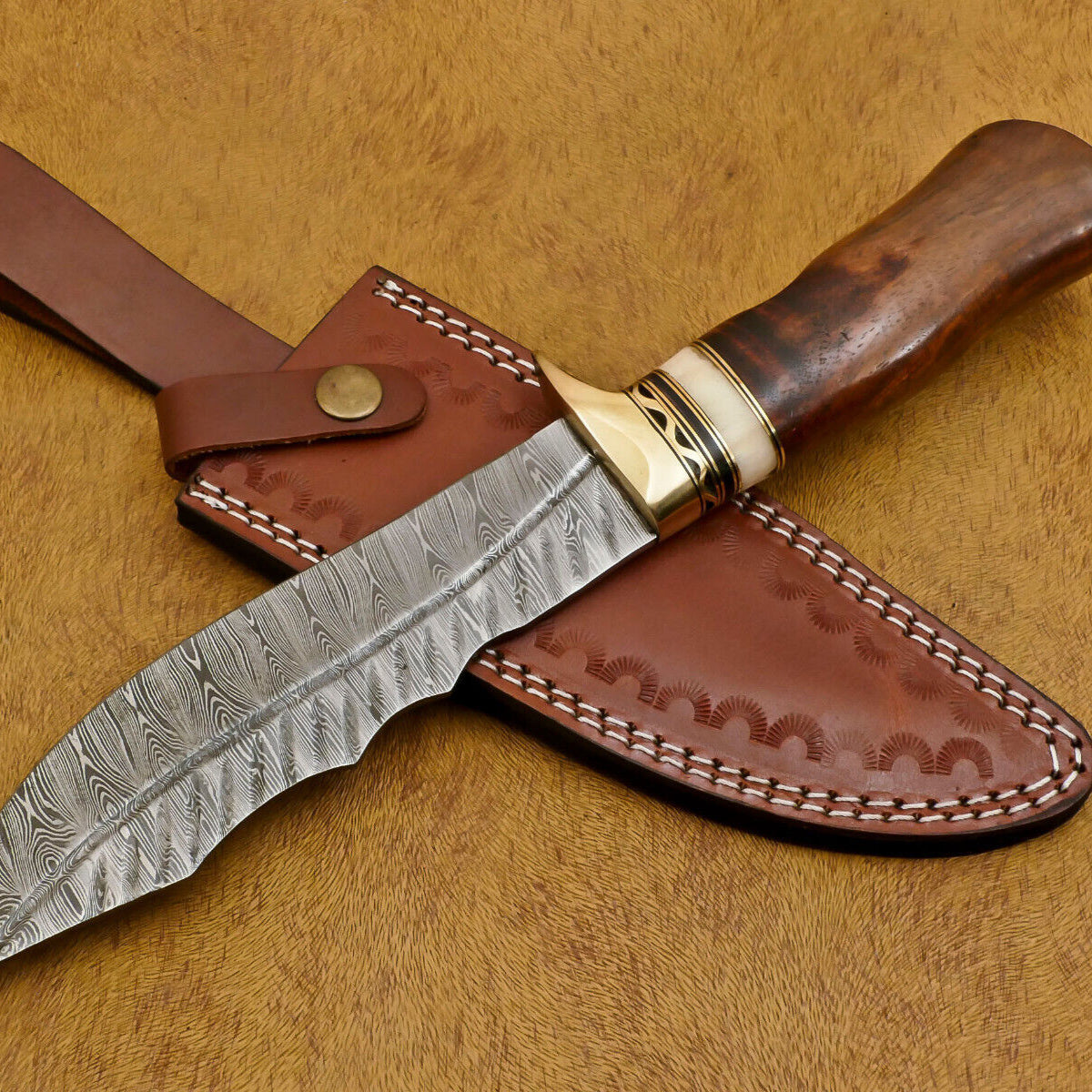 12" Damascus Bowie Hunting Knife – Camel Bone & Rosewood Handle with Brass Guard