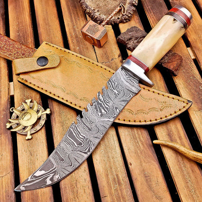12" Damascus Bowie Knife | Bone Handle & Leather Sheath