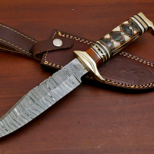 12" Damascus Bowie Knife – Bone & Pakka Wood Handle with Brass Guard