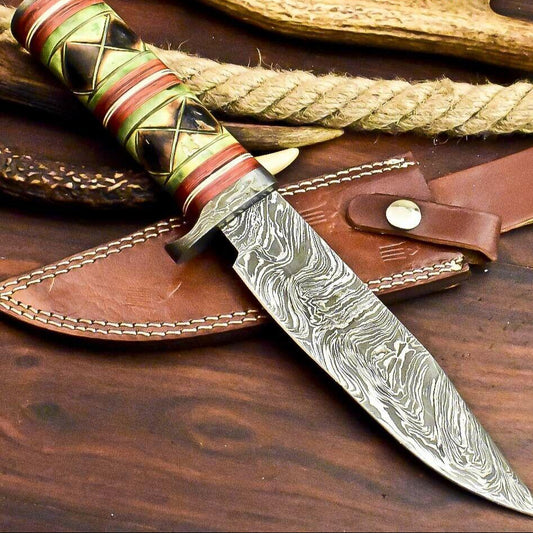  12" Damascus Bowie Knife – Camel Bone Handle & Leather Sheath