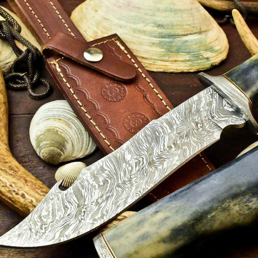 12" Damascus Bowie Knife – Camel Bone Handle and Leather Sheath