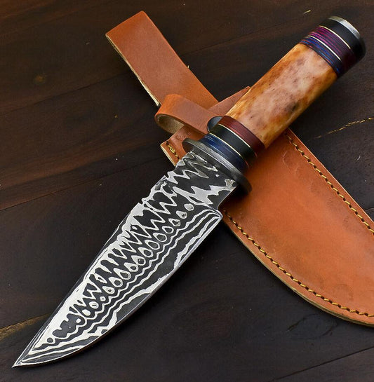 12" Damascus Bowie Knife – Camel Bone Handle with Leather Sheath 