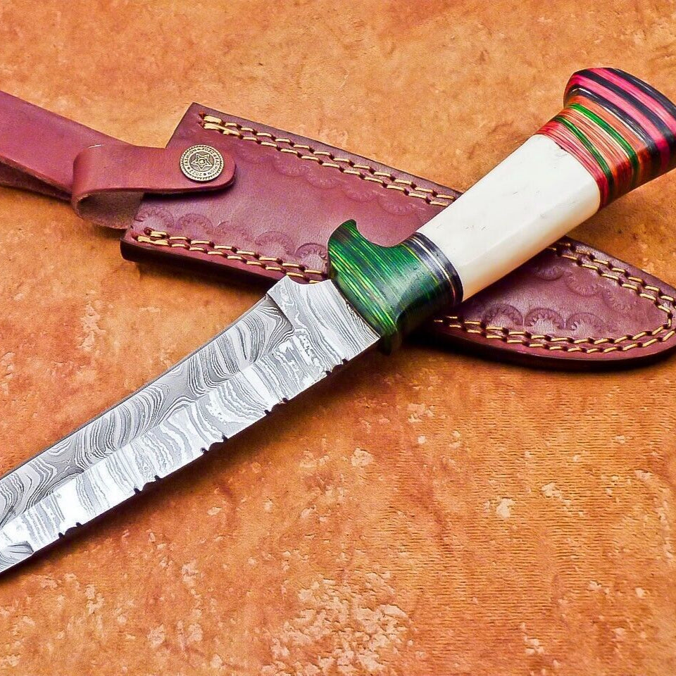 12" Damascus Bowie Knife – Camel Bone & Hardwood Handle with Leather Sheath