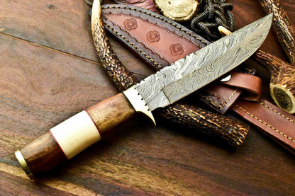 12" Damascus Bowie Knife Damascus Steel Knife With Camel Bone Handle & Leather Sheath