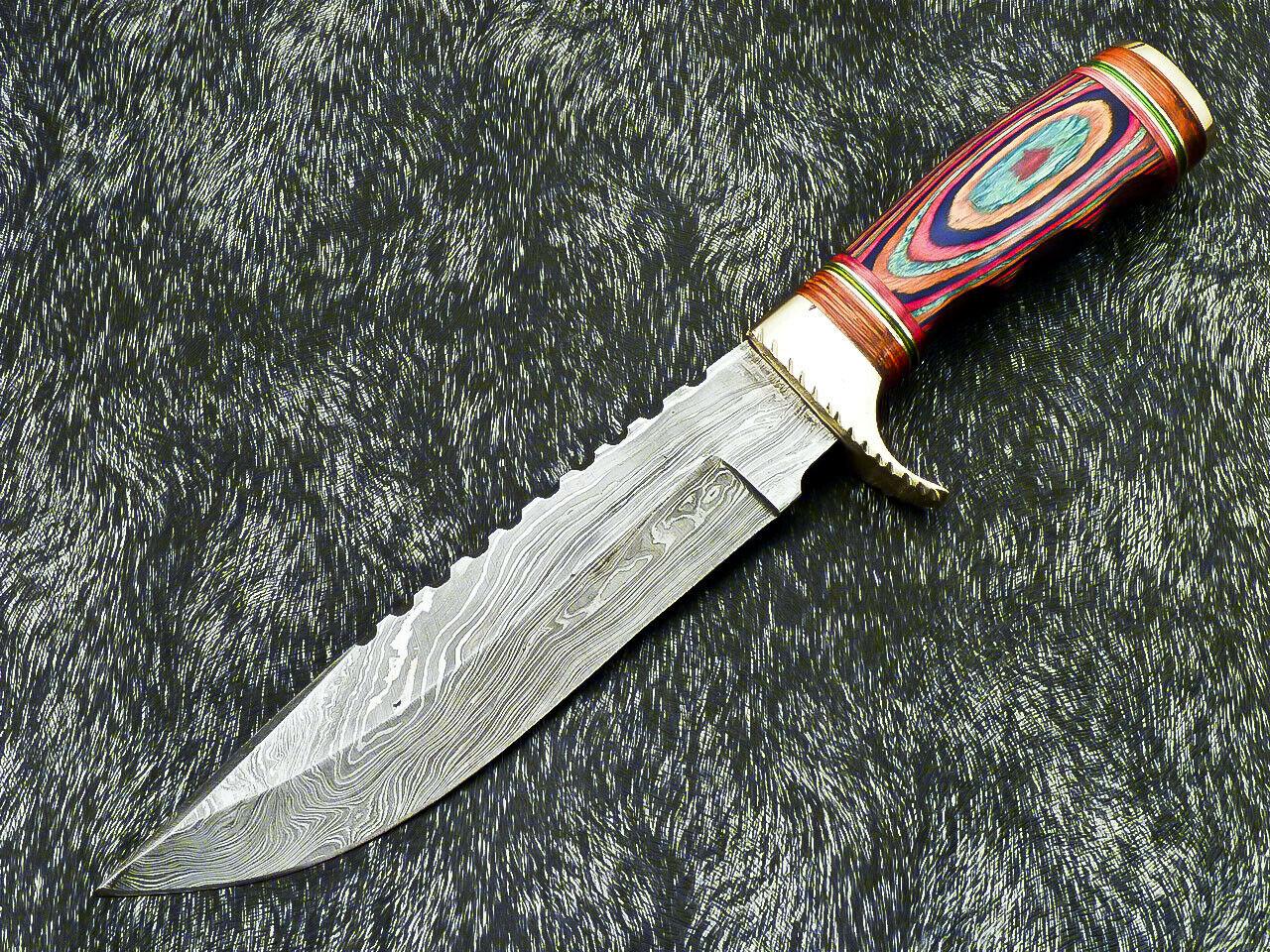 12" Damascus Bowie Knife Damascus Steel Knife With Multicolor Hardwood Handle & Leather Sheath 