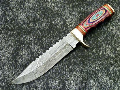 12" Damascus Bowie Knife Damascus Steel Knife With Multicolor Hardwood Handle & Leather Sheath 