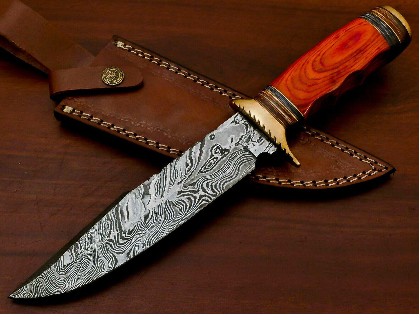 12" Damascus Bowie Knife Damascus Steel Knife With Pakka Wood Handle & Leather Sheath