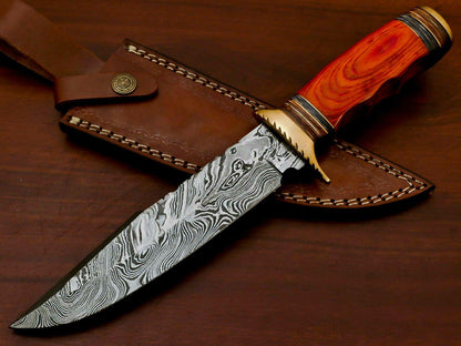 12" Damascus Bowie Knife Damascus Steel Knife With Pakka Wood Handle & Leather Sheath