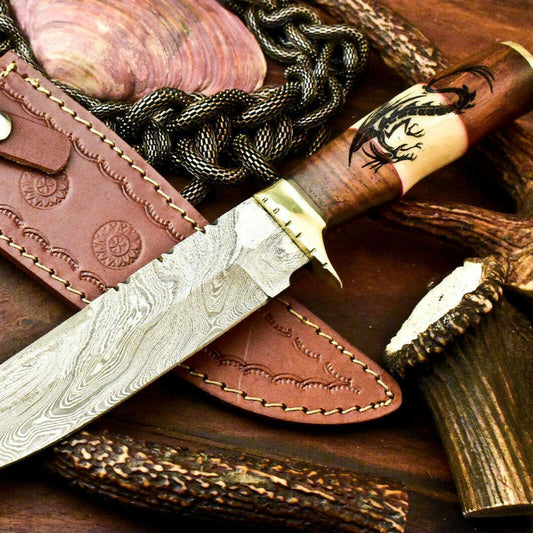 12" Damascus Bowie Knife | Hand-Forged Laser Etched Blade & Camel Bone Handle