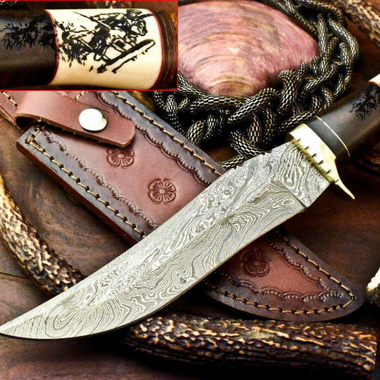 12" Damascus Bowie Knife | Laser Etched Blade & Camel Bone Handle with Leather Sheath