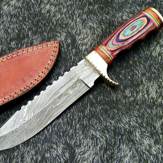 12" Damascus Bowie Knife – Multicolor Hardwood Handle & Leather Sheath