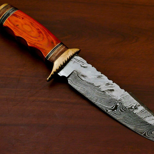 12" Damascus Bowie Knife | Pakka Wood Handle & Brass Guard