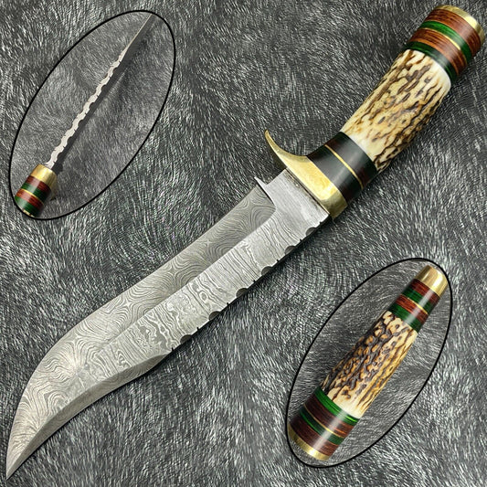 12" Damascus Bowie Knife – Stag Horn & Hardwood Handle