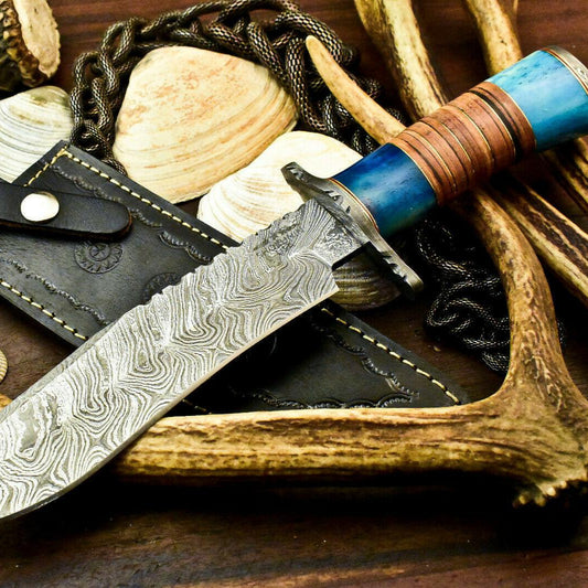 12" Damascus Bowie Knife | Stained Camel Bone Elegance