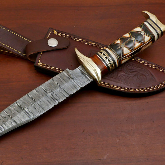 12" Damascus Bowie Knife with Burn Camel Bone & Pakka Wood Handle
