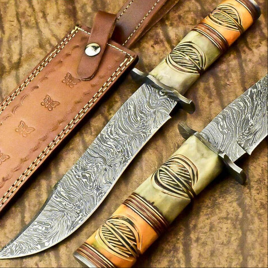 12" Damascus Bowie Knife with Camel Bone Handle & Leather Sheath