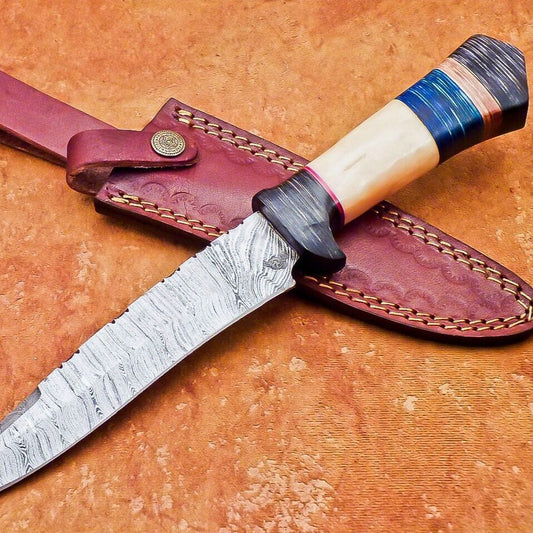 12" Damascus Bowie Knife with Camel Bone & Hardwood Handle