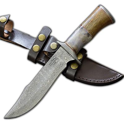 12" Damascus Bowie Knife with Camel Bone & Wood Handle – Handmade Full Tang Hunting Knife