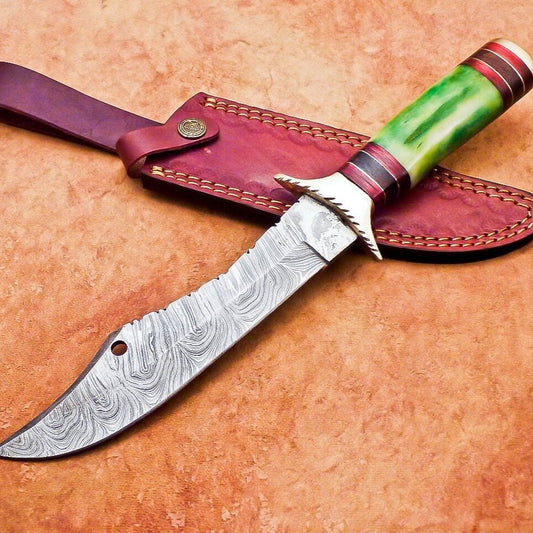 12" Damascus Bowie Knife with Stained Camel Bone Handle & Brass Bolster 