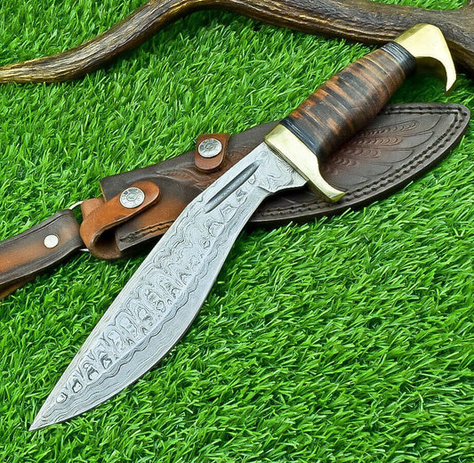 12" Damascus Bowie Kukri Knife with Leather Handle & Brass Bolster