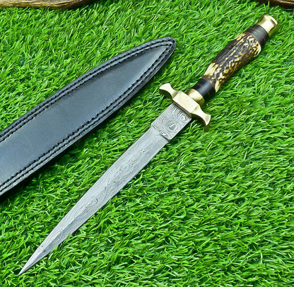 12" Damascus Dagger Bowie Knife – Stag Antler Handle with Brass Bolster 