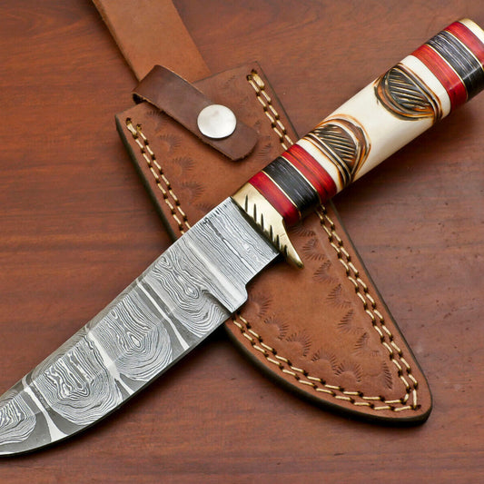 12" Damascus Engraved Bowie Knife – Burn Bone Handle & Leather Sheath