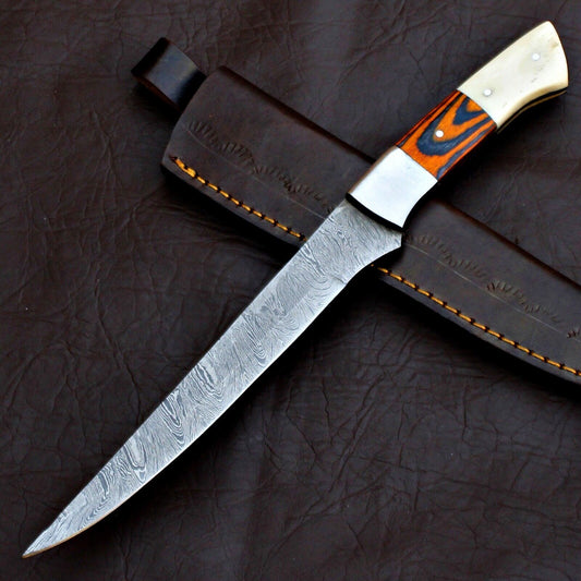12" Damascus Fillet Knife Custom Handmade Fillet Knife W/Leather Sheath