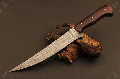 12" Damascus Fillet Knife Hand Forged Fire Damascus Steel Kitchen Knife with Wood Handle