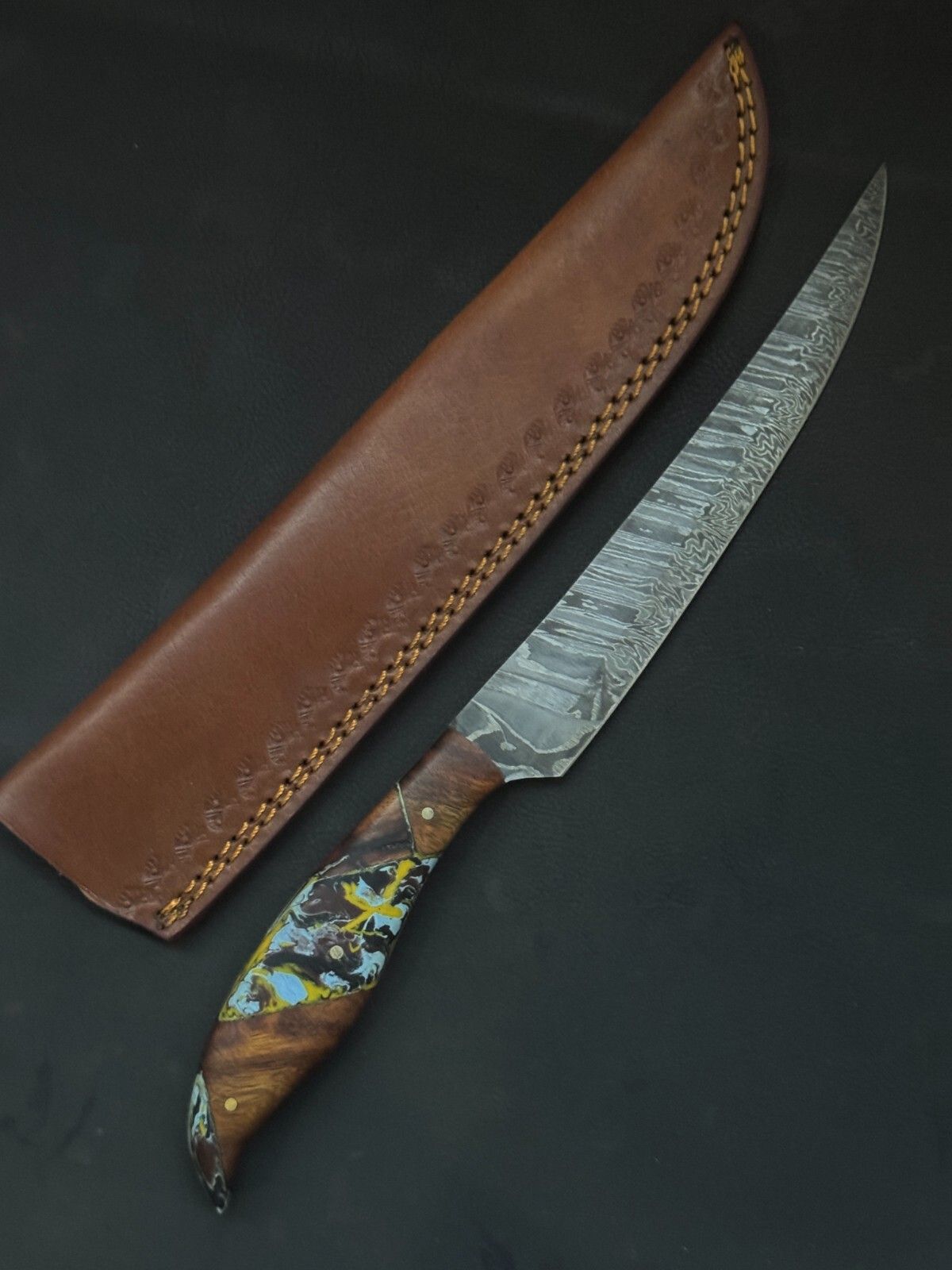 12" Damascus Fillet Knife Handmade Custom Fillet Knife with Resin & Wood Handle