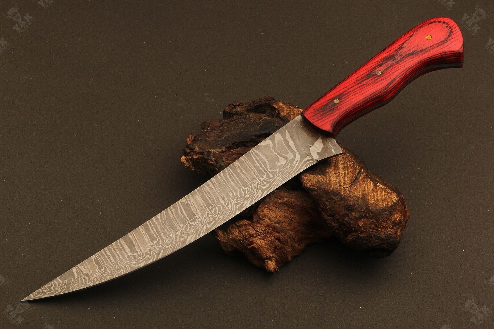 12" Damascus Fish Knife Hand Forged Fire Damascus Fillet Knife with Wood Handle
