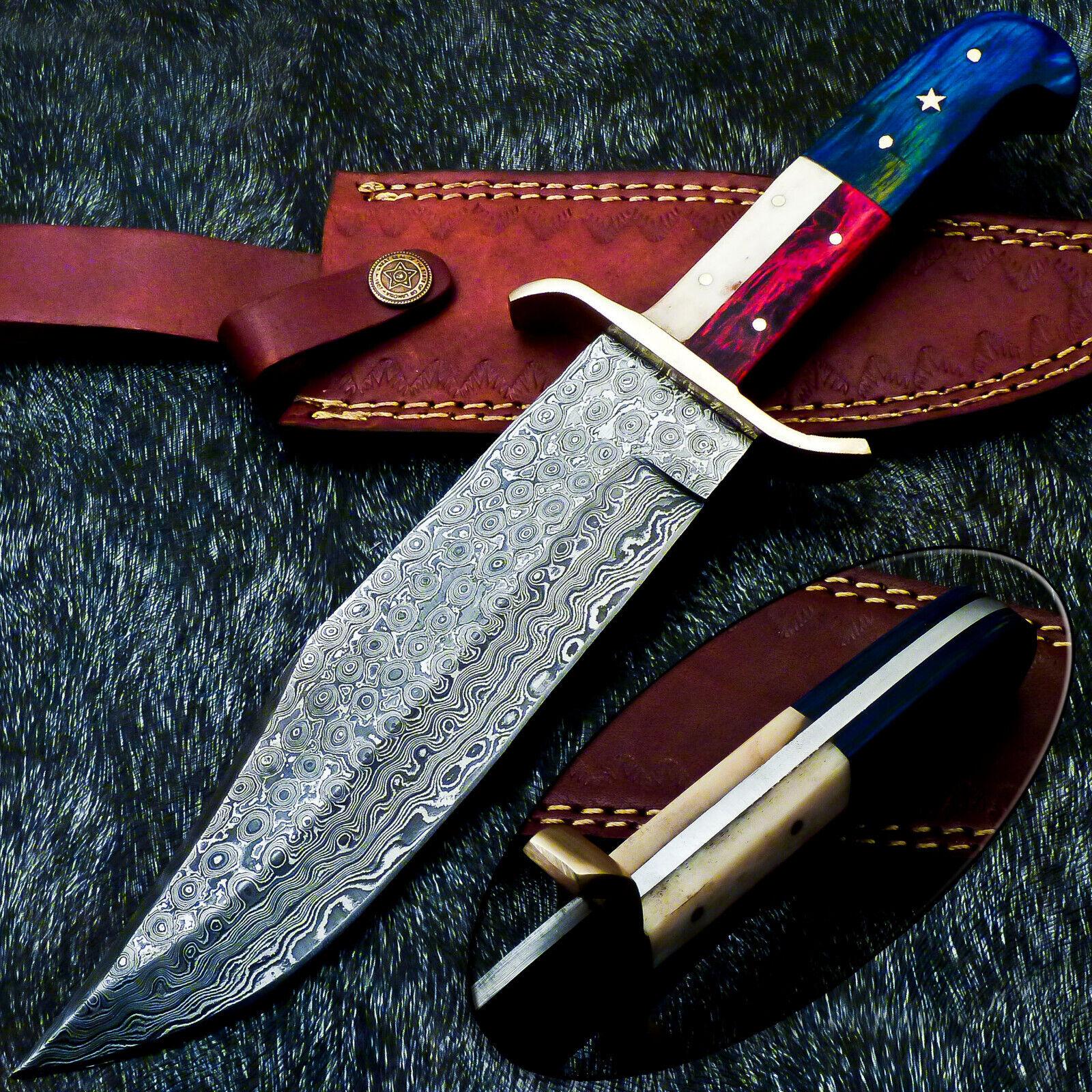  12" Damascus Full Tang Bowie Knife – Texas Flag Handle 