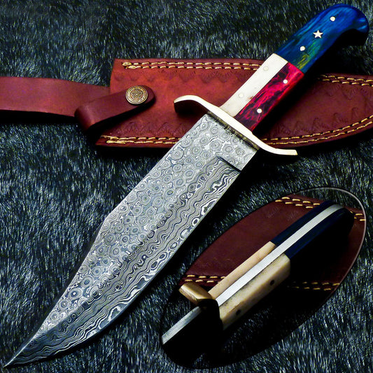  12" Damascus Full Tang Bowie Knife – Texas Flag Handle 