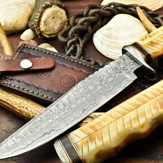 12" Damascus Hunter Bowie Knife | Camel Bone Masterpiece